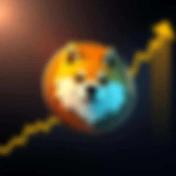 A Dogecoin logo with a rising chart background indicating growth