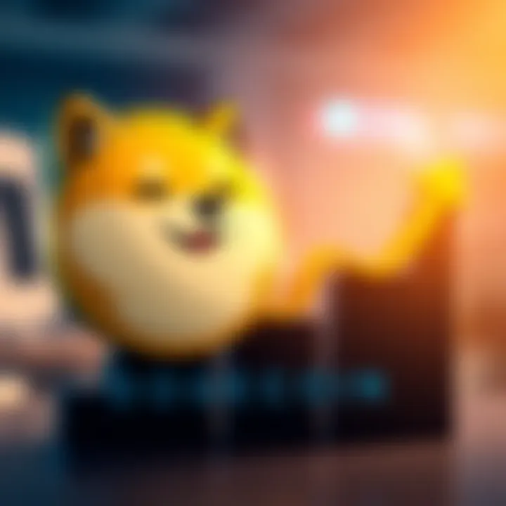 Dogecoin logo featuring a cartoon Shiba Inu dog next to a graph showing an upward trend, symbolizing the aim for 5 cents.