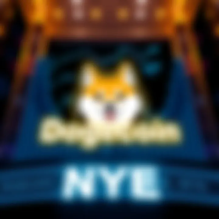 A graphic showing Dogecoin logo with stock market background, symbolizing its launch on NYSE