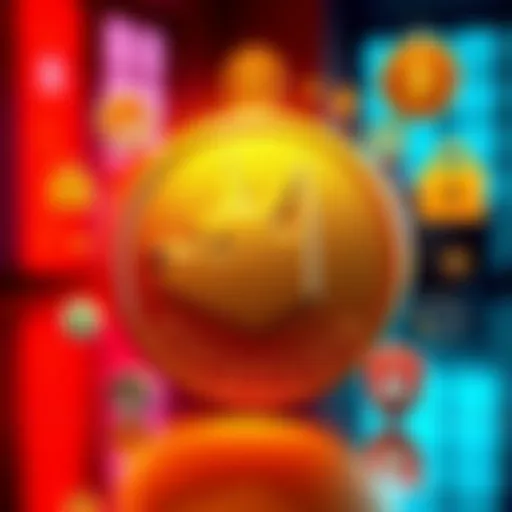 The Dogecoin symbol surrounded by icons representing speed, affordability, and security in transactions