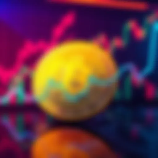 A graphic showing the ups and downs of Dogecoin's price with a background of a digital coin and charts.