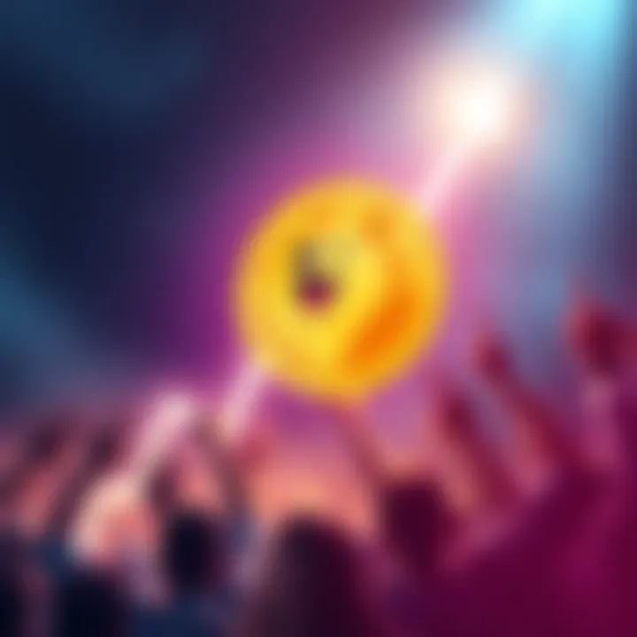 An illustration showing the Dogecoin logo with an upward trend graph and excited investors in the background