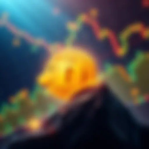 A digital Dogecoin coin soaring against a backdrop of charts and graphs representing market trends