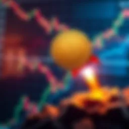 A graphic of a dogecoin coin with a rocket launching upwards, symbolizing a potential price surge, against a backdrop of a fluctuating cryptocurrency chart.
