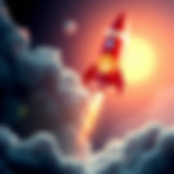 A graphic showing a rocket with the Dogecoin logo taking off, representing the rise of Dogecoin's value and community excitement.