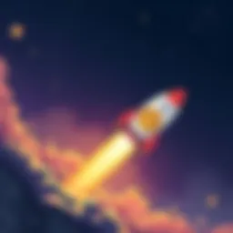 A cartoon rocket with a Dogecoin logo blasting off towards a starry sky, symbolizing the rise of Dogecoin driven by its community.