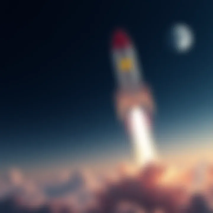 A rocket with the Dogecoin logo taking off into the sky, symbolizing potential growth and optimism for Dogecoin.