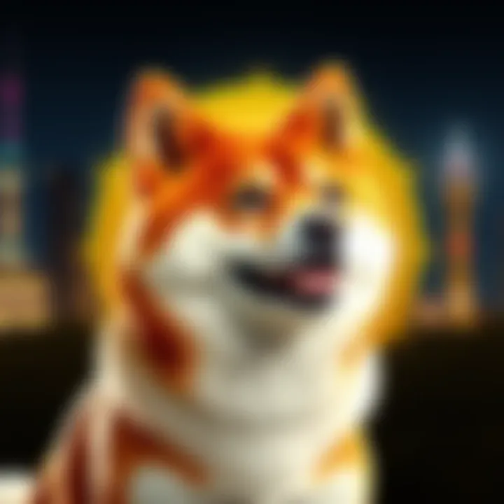 A Shiba Inu dog with the Dogecoin logo in the background, representing the cryptocurrency's fun and playful nature.