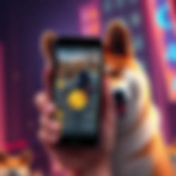 A person holding a smartphone displaying Dogecoin values with a smiling Shiba Inu in the background