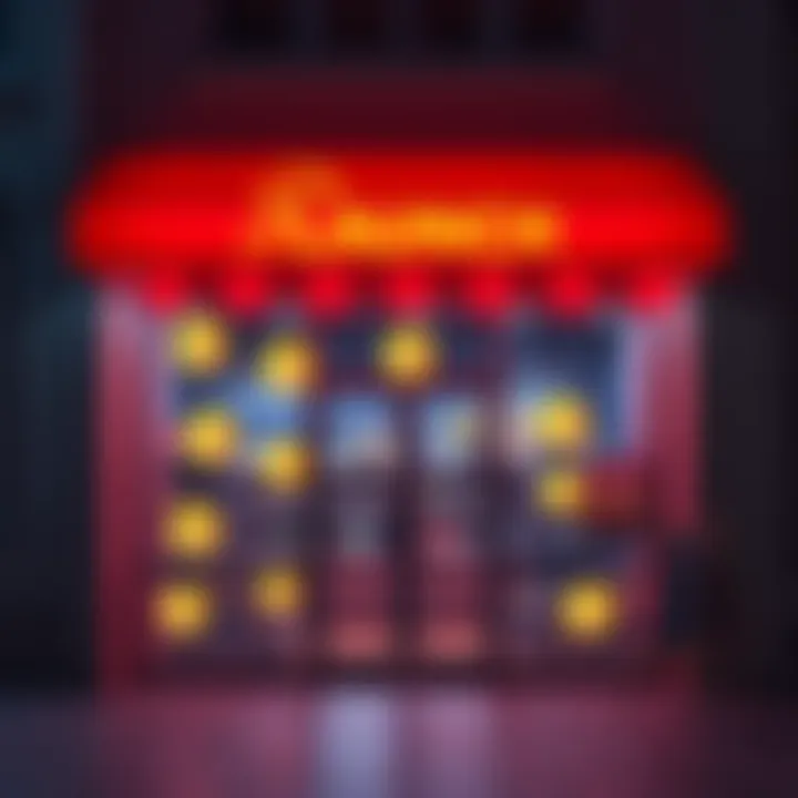A graphic showing a storefront with Dogecoin logos, symbolizing e-commerce for cryptocurrency users.