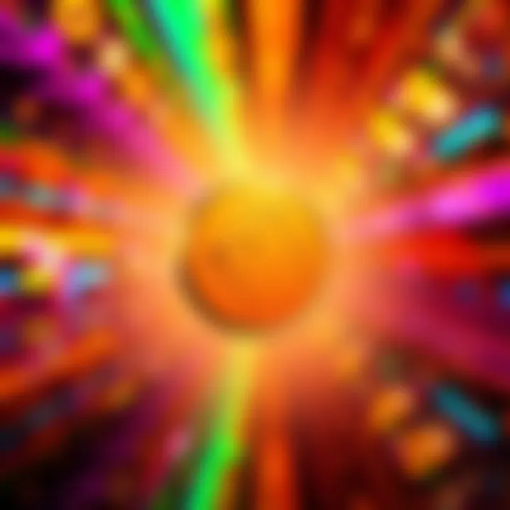 A vibrant Dogecoin symbol shines in the center of a colorful background, representing its popularity among crypto fans.