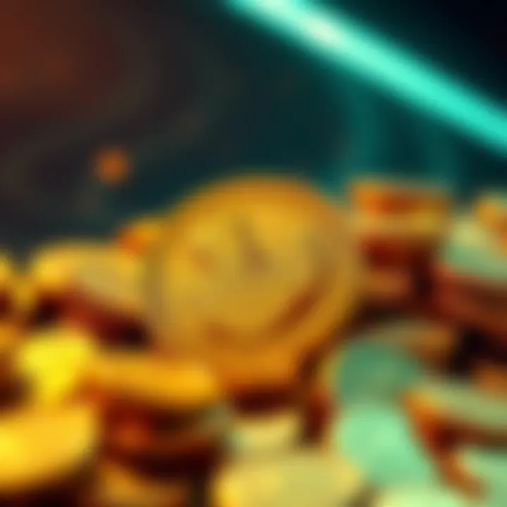 Dogecoin Symbol with Coins A Dogecoin symbol surrounded by golden coins, representing its popularity in cryptocurrency