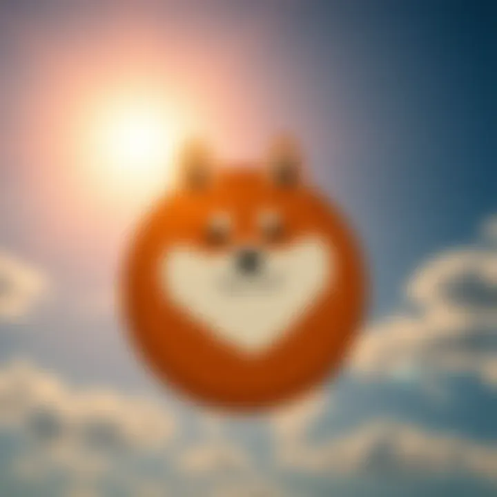 Dogecoin symbol with a hopeful background The Dogecoin symbol in front of a bright, optimistic sky, representing hope for a positive trend in 2027.