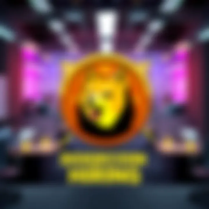 A vibrant graphic showing the Dogecoin logo with a team of professionals in an office setting, symbolizing job opportunities in the cryptocurrency industry.