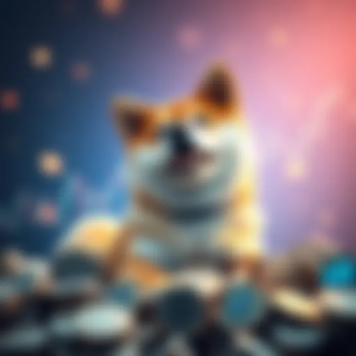 A playful Shiba Inu dog represents Dogecoin surrounded by digital coins and graphs showing market trends.