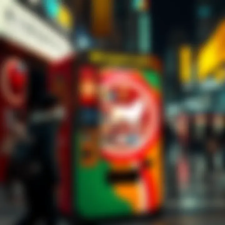 A Dogecoin vending machine displaying cryptocurrency options for purchases in a busy urban setting