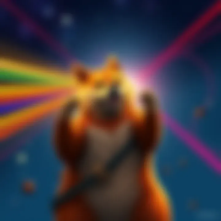 A vibrant Dogezilla character shooting colorful laser beams into the night sky, surrounded by stars and cosmic elements.