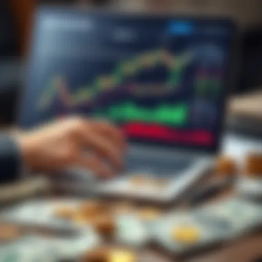 A person analyzing DeFi investment charts on a laptop with dollar bills and coins around them, symbolizing dollar-cost averaging strategies for better yields.