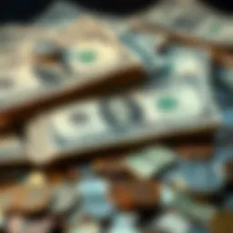 A pile of dollar bills next to a few scattered coins, emphasizing the value of larger amounts over small change.