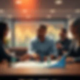 A group of diverse people discussing their investment strategies over a table, with graphs and charts showing growth, symbolizing wealth building through dollar-cost averaging.