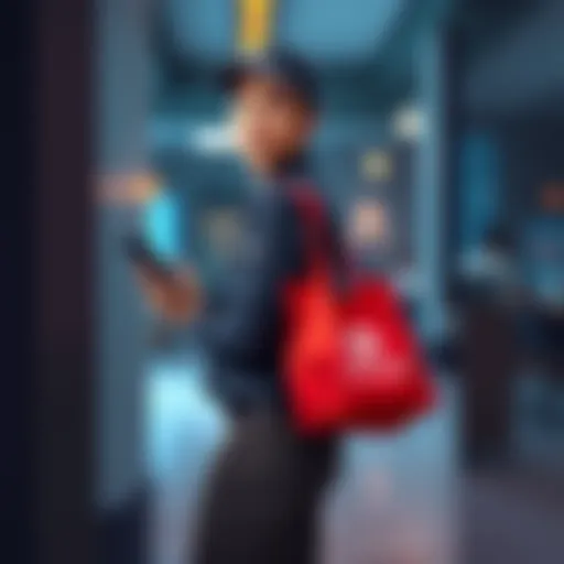 DoorDash delivery person A delivery person in a DoorDash uniform carrying a hot food bag and a smartphone, ready to make deliveries