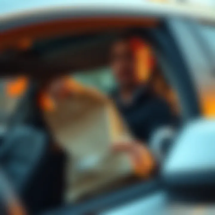Doordash Driver with Delivery Bag A Doordash driver looks concerned while holding a delivery bag in a parked car, reflecting on order cancellations.