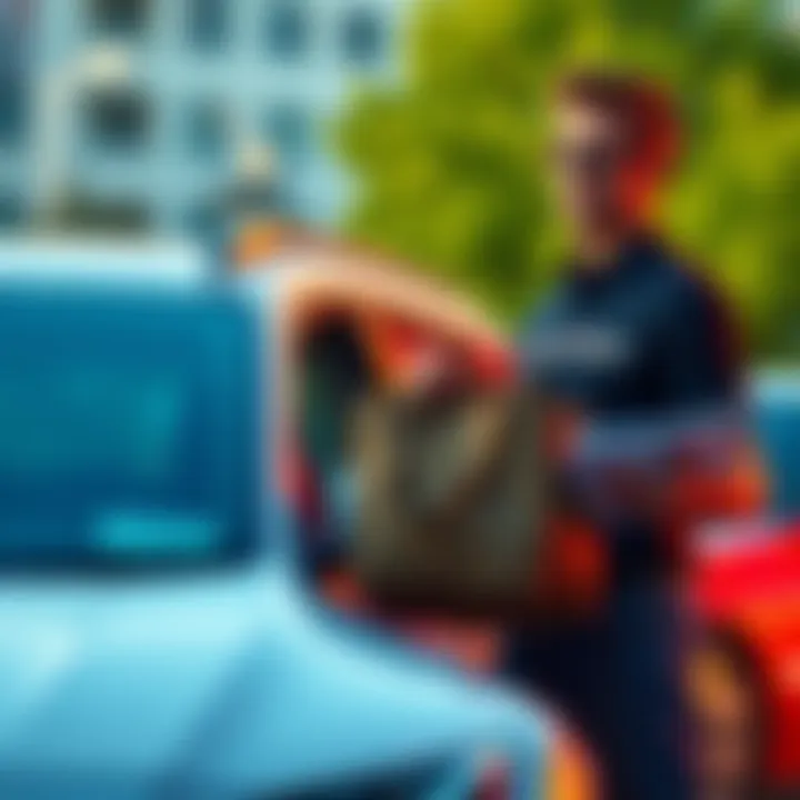 A DoorDash driver stands next to their car holding a delivery bag, looking concerned about low tips. They wear a DoorDash delivery shirt and have a notepad for tracking deliveries.
