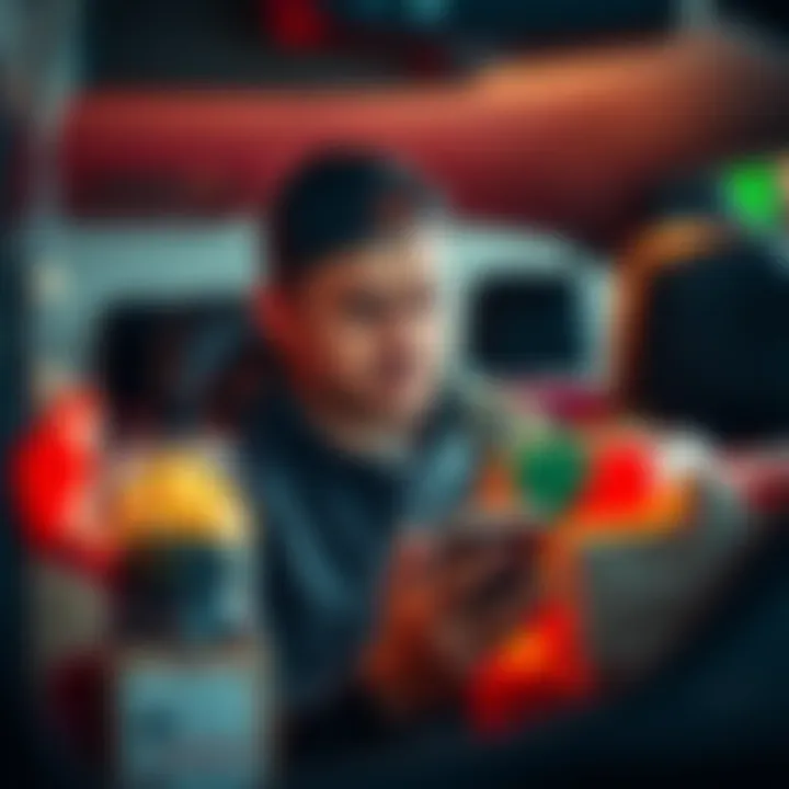 A DoorDash delivery driver frowning while checking their phone for order notifications, surrounded by bags of food in their car.