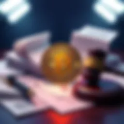 A digital bitcoin symbol surrounded by legal documents and a gavel, representing legal issues related to dormant cryptocurrencies.