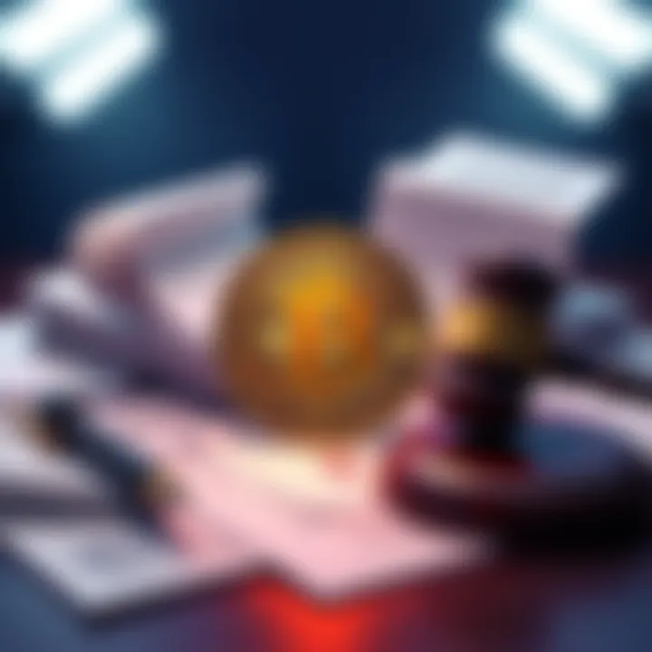 A digital bitcoin symbol surrounded by legal documents and a gavel, representing legal issues related to dormant cryptocurrencies.