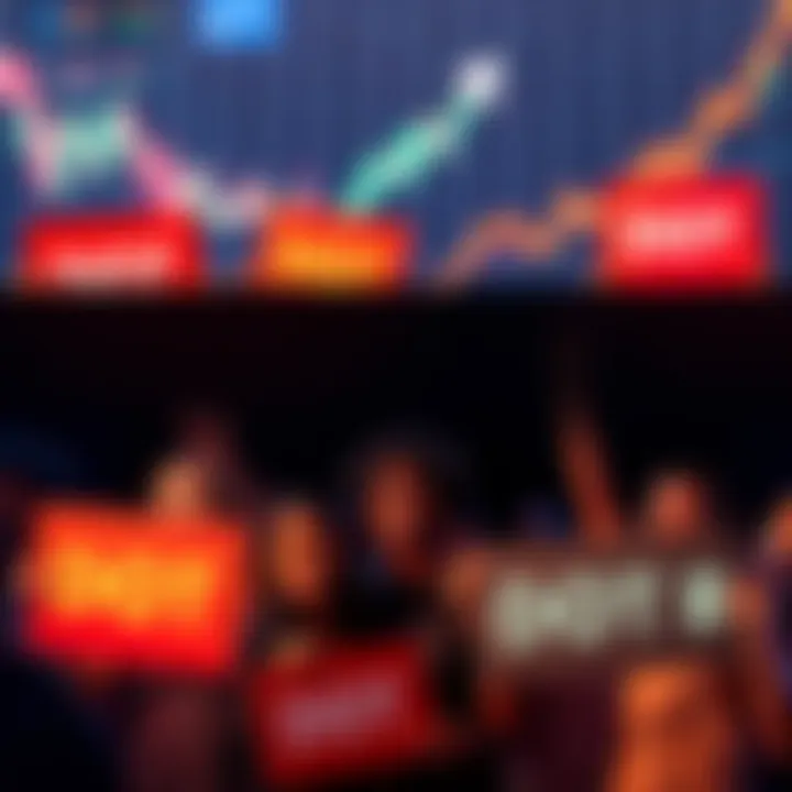 A group of diverse people holding signs of support for DOT, with a background of rising cryptocurrency charts indicating market optimism