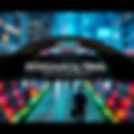 A vibrant scene showing people interacting with advanced transportation technology within the DOVU Authority Trail, set against a modern city backdrop.