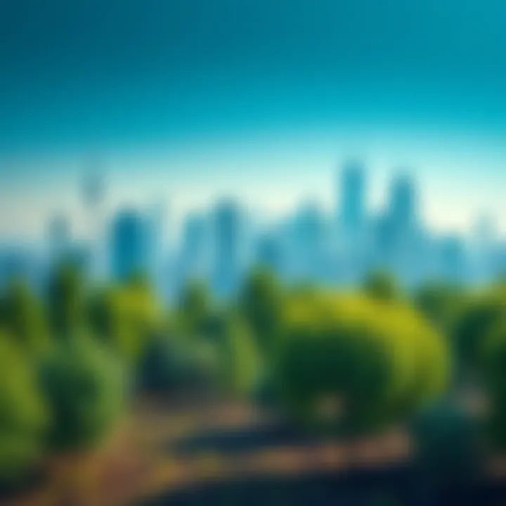 A graphic representation of DOVU's innovative solutions in the Voluntary Carbon Market, showing green trees and carbon offsets with a futuristic skyline in the background.