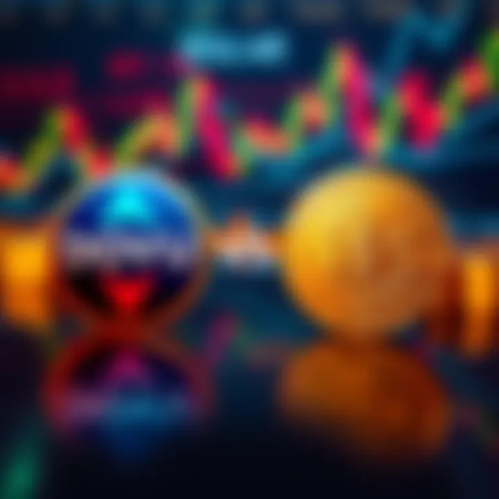 A visual comparison of DOVU and HBAR logos with investment graphs and charts in the background