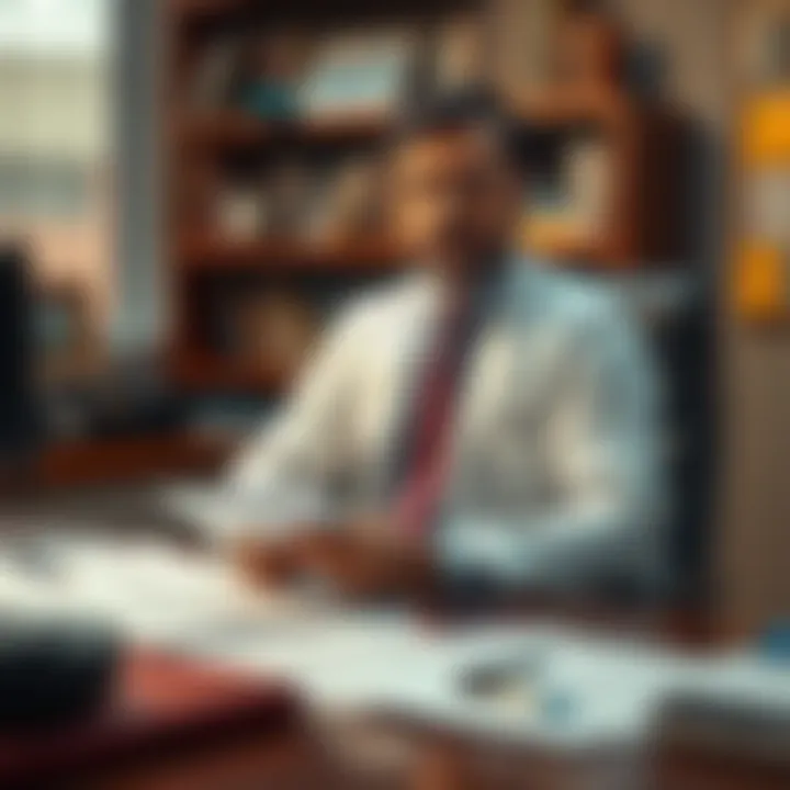 Dr. Sharma sitting at his desk with papers related to asset recovery, looking determined