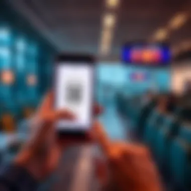 A person holding a smartphone showing the Dragonpass QR code in Apple Wallet while sitting in an airport lounge