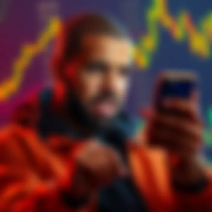 Drake looks shocked as he checks his phone, revealing a major Bitcoin loss with a backdrop of falling cryptocurrency charts.