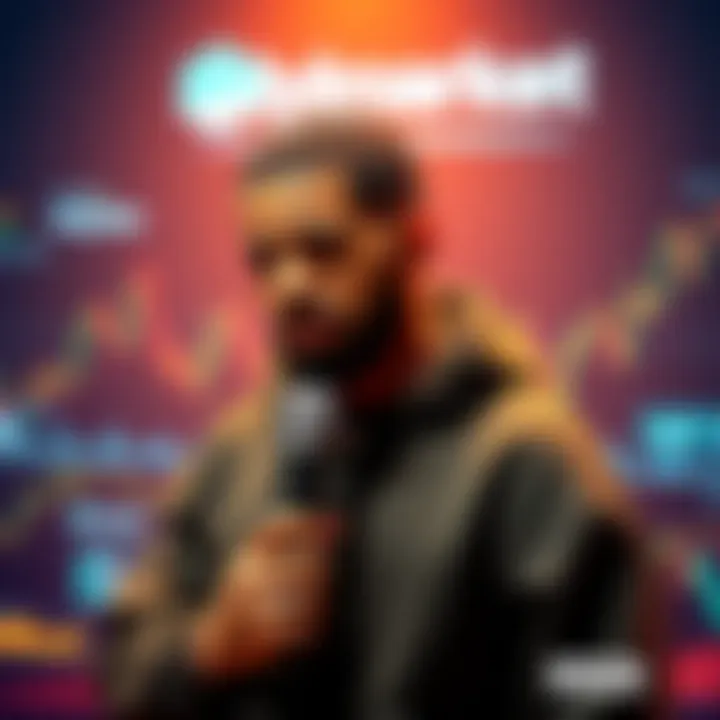 Drake stands in a studio, holding a microphone, with a backdrop of financial charts and Polymarket logo, expressing his thoughts on SBF in his new album.