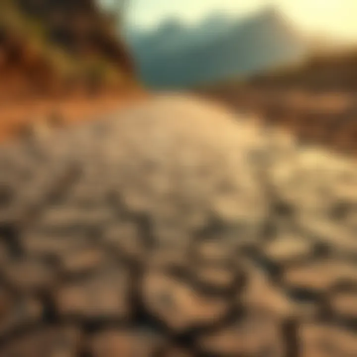 A dried riverbed with cracked earth, showing the impact of water shortage on the environment.