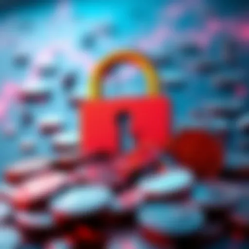 A digital representation of a hack affecting the Drift Protocol, symbolizing financial loss with a broken lock and cryptocurrency coins scattered around.