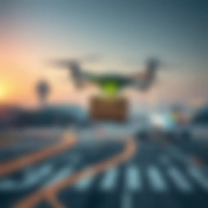 A drone flying over an airport runway, carrying a package for delivery to an airplane.