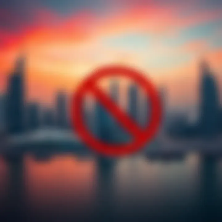 A view of the Dubai skyline featuring a graphic prohibition sign, indicating the ban on Zcash futures trading