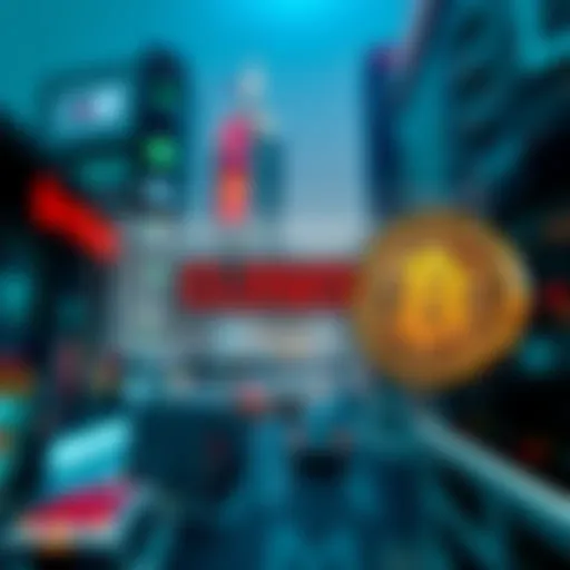 A graphic showing Dubai's stock market symbol with a closed sign while Bitcoin symbol is rising in value.