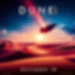 A vibrant poster of Dune 3 featuring a desert landscape with sand dunes and a large spaceship in the sky.