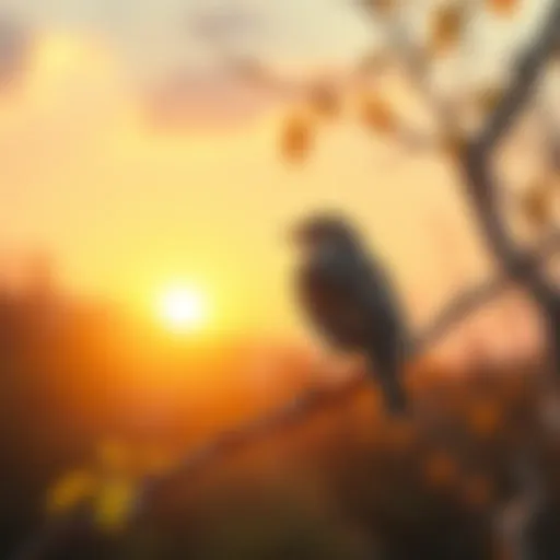 A bird perched on a branch, looking towards the sunrise, symbolizing early action and opportunity.