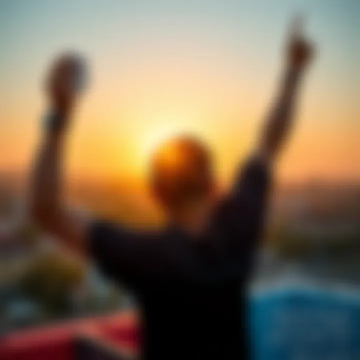 Person stretching and enjoying a sunrise while holding a cup of coffee, symbolizing the benefits of waking up early.