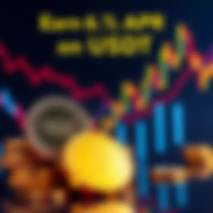 Illustration of USDT coins with a graph showing financial growth while Bitcoin price drops in the background