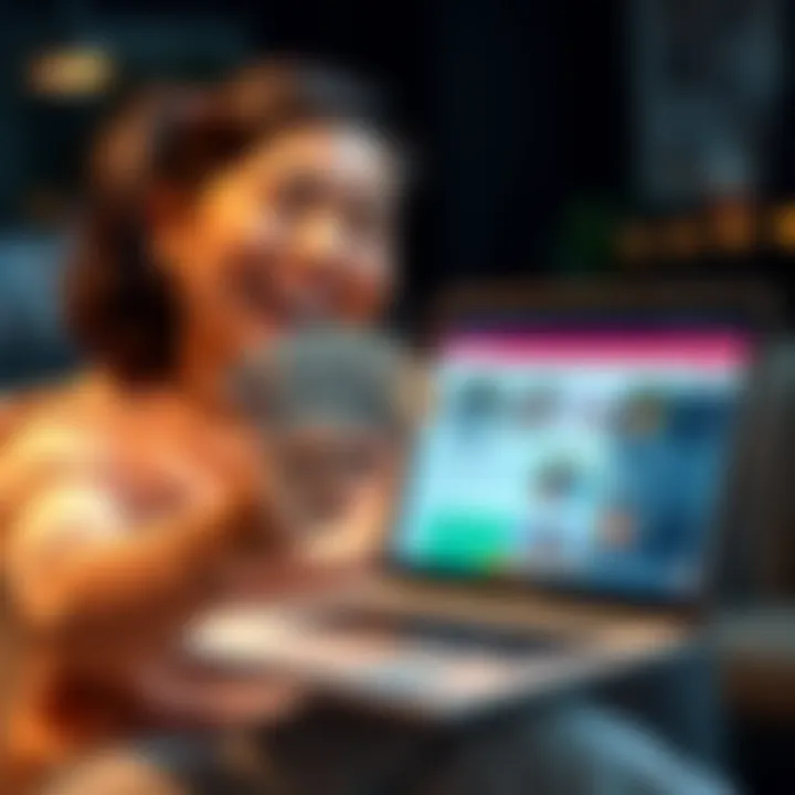 A person happily holding cash with a laptop open showing a forum, emphasizing the opportunity to earn quick money by participating online.