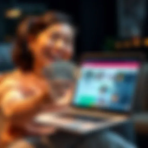 Earn Cash Opportunity A person happily holding cash with a laptop open showing a forum, emphasizing the opportunity to earn quick money by participating online.