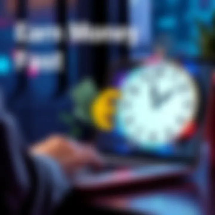 A person using a laptop with money and a clock symbolizing quick earnings